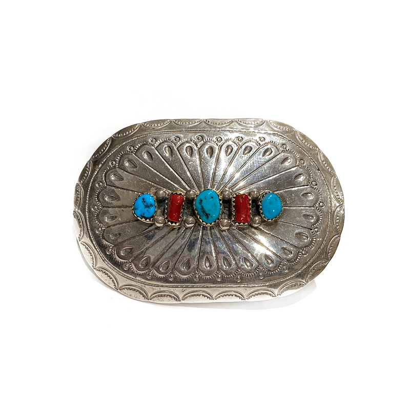 American Indian Sterling w/ Turquoise & Coral (DC Thomas) Buckle